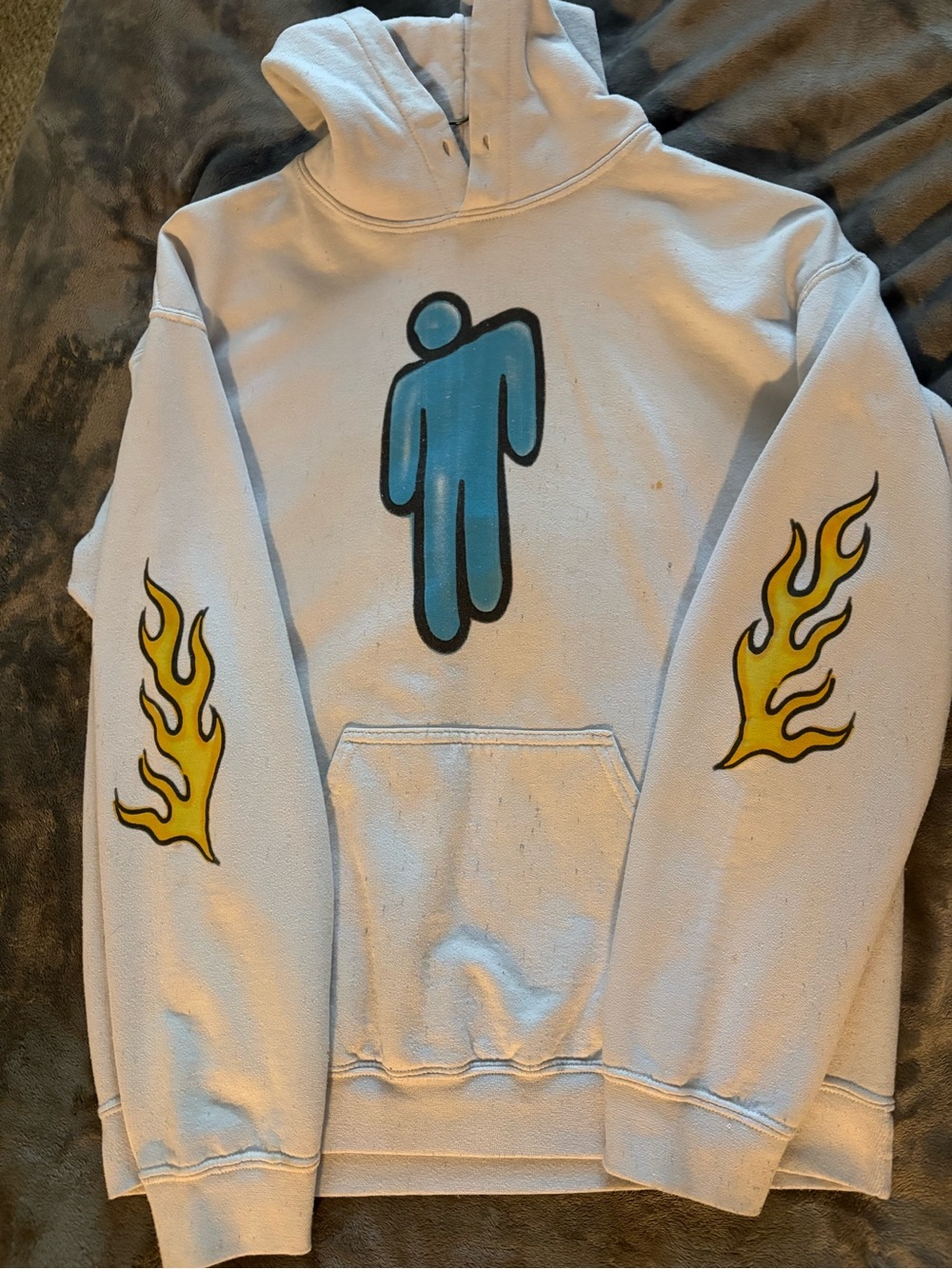 White Hoodie with Blue Figure and Yellow Flame Sleeves
